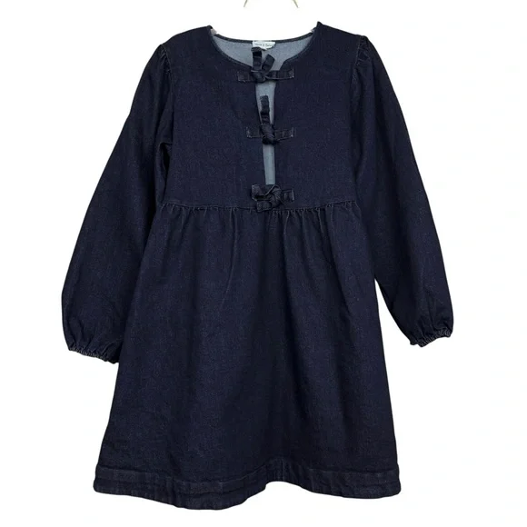 Aaron & Amber Babydoll Ribbon Tie Denim Mini Dress - Picture 2 of 7